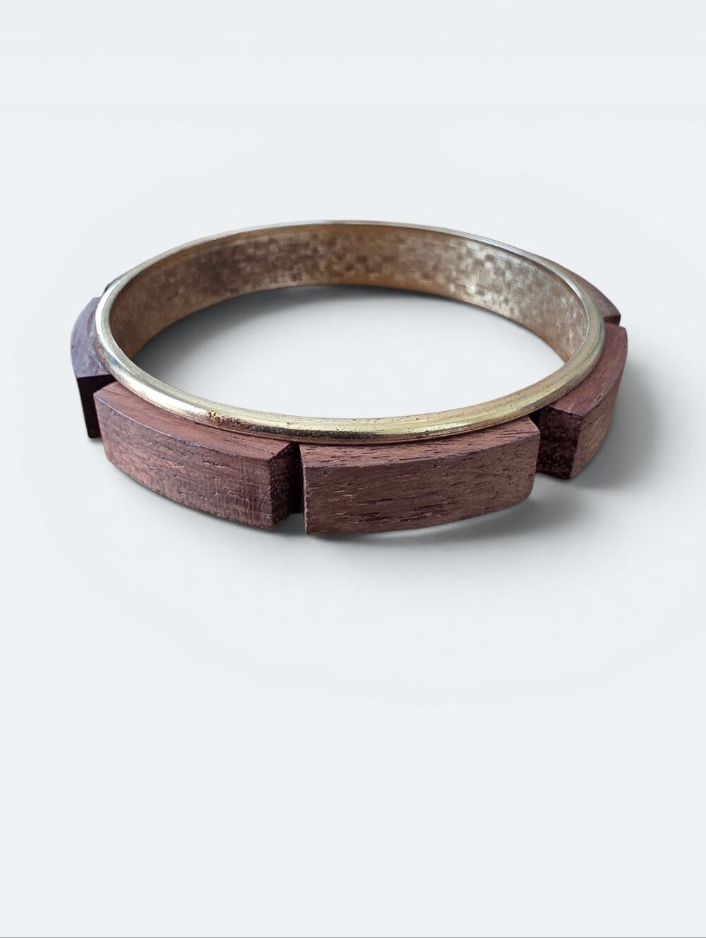 Segmented Wood and Brass Bangle Bracelet Chunky Boho Retro